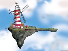 a painting of a red and white windmill on top of a small island in the sky