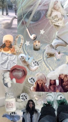 a collage of photos with different pictures and words on them, including two woman's feet in the snow