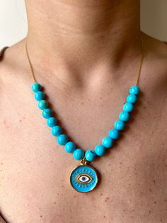 TURQUOISE: Purification, Fortune and Abundance. Gemstone Turquoise 🔸 Material: 18k Gold Plated High Quality Solid 925 Sterling Silver Chain. Gold Plated Pendant.       Turquoise Gemstone grade AAA. Gemstone size 8mm. 🔸 Featuring: Width 0,80 inches (2cm), Height 0,80 inches (2cm) pendant with 15,75 inches (40cm) chain with 2 inches (5cm) extensions. 🔸This beautiful, dainty, healing, minimalist custom jewelry; Gold plated necklace/jewelry is handmade with Love and Care. It's perfect to use at n Turquoise Evil Eye Round Pendant Jewelry, Turquoise Necklaces With Gemstone Beads, Turquoise Necklaces With Round Gemstone Pendant, Turquoise Necklace With Gemstone Beads And Round Pendant, Turquoise Necklace With Round Gemstone Beads Pendant, Turquoise Necklace With Round Gemstone Pendant, Turquoise Round Evil Eye Jewelry, Turquoise Evil Eye Round Jewelry, Turquoise Evil Eye Amulet Jewelry