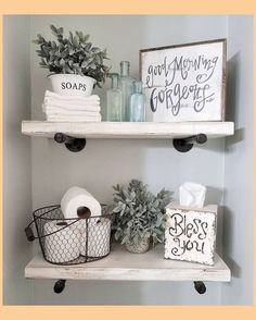 two shelves with toilet paper and other items on them