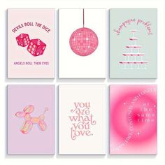 six cards with different designs on them, each one has a pink ball hanging from it