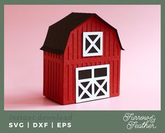 an image of a red barn with white doors and windows on it's side