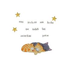 an orange and gray cat laying on top of a white surface with stars above it