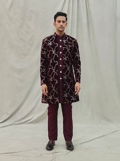 Maroon long jacket with abstract, sequin embroidery. Paired with an inner kurta. Comes along with a pant. - Aza Fashions Intricate Embroidery Festive Sets For Fall, Festive Sets With Intricate Embroidery For Fall, Festive Fall Sets With Intricate Embroidery, Embroidered Designer Wear Sets For Fall, Fall Festive Kurta With Intricate Embroidery, Embroidered Fall Designer Wear Sets, Embroidered Fall Designer Sets, Fall Embroidered Sets, Festive Fall Kurta With Floral Embroidery