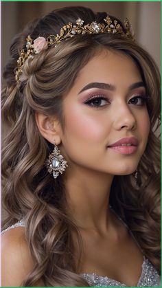 a woman with long hair wearing a tiara