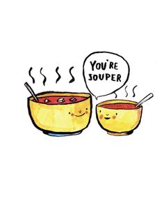 two yellow bowls with soup in them, one has a speech bubble above it that says you're jopper