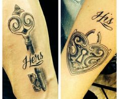 two tattoos on the arms of people with words and keys in them, one has a heart