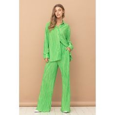 Boogie on down in our Accordion Mini Pleat-covered Button Up Blouse & Long Pant Lounge Set! Perk up your leisure wardrobe with this funky two-piece set - perfect for loungin' around! Free shipping Estimated Delivery: 3-5 Business Days TopLength - S: 27" M: 27.5" L: 28"Bust: - S: 21.5" M: 22" L: 22.5"Sleeve - S: 21" M: 21.5" L: 22"BottomWaist - S: 12.5" M: 23" L: 23.5"Rise - S: 14" M: 14.25" L: 14.5"Inseam - S" 30" M: 30.5" L: 31" Made In: CHINAFabric Contents: 100% Polyester Stretch fabricNon-sh Spring Green Two-piece Pant Set, Green Two-piece Pant Set For Spring, Green Pant Set For Spring, Spring Long Sleeve Pant Set For Pajama Party, Spring Long Sleeve Pajama Party Pant Set, Green Button-up Set For Spring, Trendy Wide Leg Pant Set For Spring, Green Pant Set For Spring Party, Spring Relaxed Fit Pant Set For Pajama Party