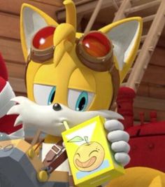 sonic the hedgehog is holding a shopping bag in front of an orange and white cat