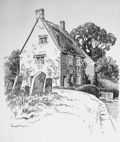 a drawing of a house with a thatched roof and trees in the front yard