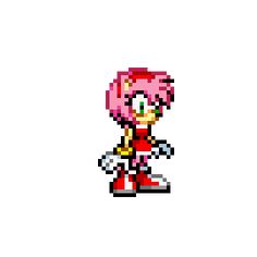 an image of a pixel art style character with pink hair and green eyes, holding a knife