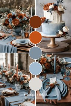 the table is decorated with blue, orange and white flowers in shades of gray, brown, and beige