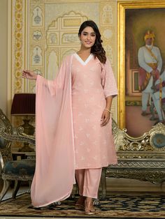 Pink Cotton Blend Embroidered Chikankari Suit Set with Printed Dupatta Chikankari Suits, Formal Jewelry, Palazzo Suit, Printed Dupatta, Fabric Silk, Suit Set, Fabric Shop, Formal Wedding, Casual Party