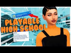 an animated image of a woman with black hair and orange shirt in front of a sign that says play able high school