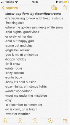 a text message with the words winter captions by @ sunfloweroare and it's beginning to look like christmas