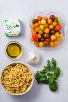 the ingredients to make this pasta dish include tomatoes, basil, olives and garlic