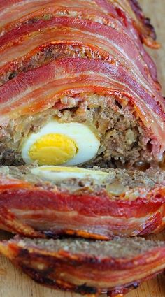 meatloaf wrapped in bacon with an egg inside