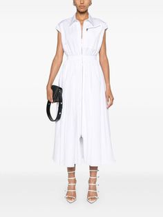 Alexander McQueen Belted Cotton Shirtdress - Farfetch White Belted Shirt Dress For Work, White Belted Shirt Dress With Short Sleeves, White Belted Short Sleeve Shirt Dress, White Short Sleeve Belted Shirt Dress, White Belted Shirt Dress For Summer, Modern White Midi Dress For Daywear, Drop Shoulder Shirt, White Cotton Dress, Cotton Shirt Dress