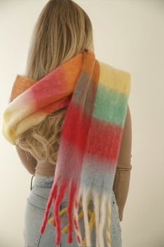 Soft oversized rainbow multicolor checkered scarf. This oversized scarf is the perfect acne scarf dupe. The oversized fringe scarf is a winter favorite. Style the multi fringe oversized scarf and the rainbow plaid scarf for winter style. Multicolor Fringe Scarves For Fall, Multicolor Fringed Scarves For Fall, Multicolor Fringe Scarves One Size, Multicolor Fringe Scarf One Size, Multicolor Fringed Scarves One Size, Multicolor One Size Scarf For Fall, Multicolor One Size Scarves For Fall, Multicolor Scarf, One Size, For Fall, Cozy Multicolor One Size Scarves