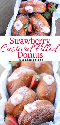 strawberry custard filled donuts in a basket with strawberries