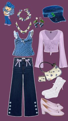 an assortment of clothing and accessories on a purple background