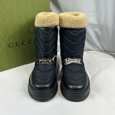 Brand New With Box And Dust Bag. Gucci Leather Boots For Winter, Gucci Winter Boots With Round Toe, Luxury Boots With Faux Fur Lining, Gucci Black Winter Boots, Gucci Leather Boots With Horsebit Detail, Luxury Gucci Boots With Horsebit Detail, Gucci Luxury High-top Boots, Pre-owned Luxury Gucci Bags, Gucci Horsebit