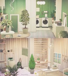 three pictures of the inside of a house with green walls and white trimmings