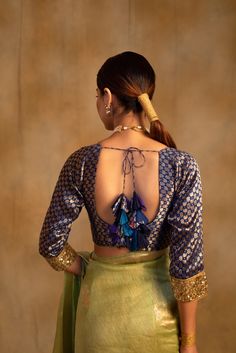 Royal blue silk brocade blouse with hand embroidered sequin zardozi border and kiran highlights on sleeves. Zardozi Border, Reuse Fabric, Brocade Blouse, Brocade Blouses, Navy Blue Fabric, Handmade Textiles, Silk Brocade, Blue Silk, Upcycle Clothes