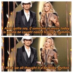 two pictures of the same man and woman on stage at an awards show, one is talking