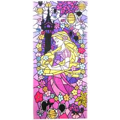 the disney princess stained glass panel is shown with flowers and castle silhouettes on it