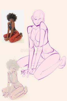 an image of a woman sitting on the ground next to another drawing and rendering process