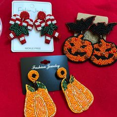 Price Includes All 3 Pair Of Earrings Candy Cane Pumpkin Pumpkin With Bat Fun Red Beaded Earrings For Party, Handmade Beaded Earrings For Holiday Party, Holiday Party Handmade Beaded Earrings, Beaded Earrings For Halloween Party, Halloween Party Beaded Earrings, Red Fun Halloween Jewelry, Fun Red Halloween Jewelry, Fun Red Jewelry For Halloween, Pumpkin Pumpkin