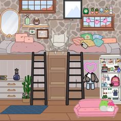 the room is decorated in cartoon style with bunk beds and other items on the floor