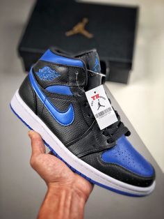 Air Jordan 1 Mid "Hyper Royal" Black High-top Sneakers For Sports With Logo, Black High-top Custom Sneakers With Logo, Air Jordan 1 Mid Blue, Black Color Combination, Jordan Model, Air Jordan 1 High, Jordan 1 High, Air Jordan 1 Mid, Jordan 1 Mid