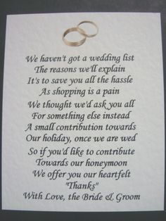 two wedding rings sitting on top of a piece of paper with the words, we haven't got a wedding list