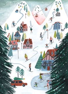 a painting of people skiing and snowboarding on a snowy day with houses in the background