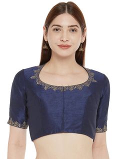 Elevate your saree ensemble with our lovely Embroidered Polyester Saree Blouse, adorned with exquisite golden zari threadwork. Crafted from luxurious and slightly shiny polyester fabric, this blouse offers a soft and comfortable feel, thanks to its cotton lining. The front, back, and sleeves are beautifully embroidered with golden zari thread, adding a touch of glamour to your look. With a convenient front-opening design using hook and eye closure, this blouse is lined with cotton for exceptiona Boat Neck Front Open Blouse Designs, Matka Neck Blouse, Boat Neck Blouse Designs Front And Back, Blouse Neck Patterns, Blouse Necklines