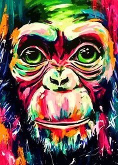 a painting of a monkey with green eyes and pink cheeks, painted in bright colors