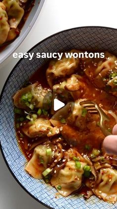 a person holding a fork in a bowl filled with dumplings