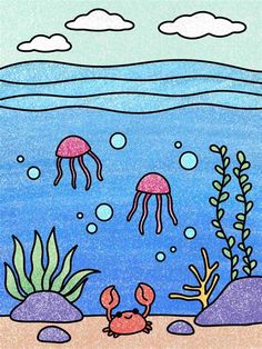 an ocean scene with jellyfish and seaweed