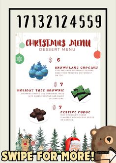 a menu for christmas dinner with teddy bear and other items on it's side