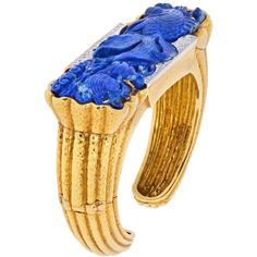 David Webb - Platinum & 18K Yellow Gold Carved Lapis Cuff Diamond Brac – Robinson's Jewelers Citrine Drop Earrings, David Webb, Yellow Jewelry, Diamond Brooch, Diamond Flower, Fine Jewelry Collection, The 1980s, Colorful Bracelets, Round Brilliant Cut Diamond