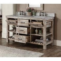 two mirrors are above the double sink vanity in this rustic bathroom with wood flooring