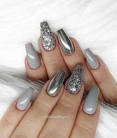 Grey Nail Art, Silver Nail Designs, Grey Nail Designs, Silver Nail, Gray Nails, Ballerina Nails, Silver Chrome, Popular Nails