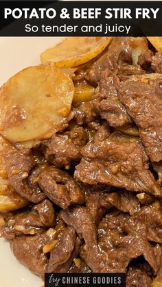 a white plate topped with beef and potatoes next to text that reads potato & beef fry