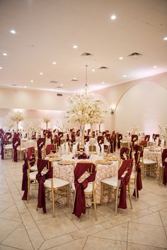 a room filled with tables and chairs covered in red sashes