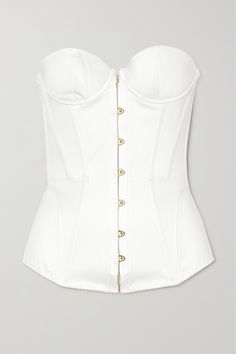 Agent Provocateur's 'Mercy' bustier top has supportive internal boning to accentuate curves and keep the strapless sweetheart neckline perfectly in place. Made from glossy cotton-satin, it has underwired, padded cups and a lace-up back. Wear yours with the matching briefs at home or leather pants and heels for a night out. Posh Clothing, Wedding Corset, White Bustier, Satin Bustier, Designer Bra, Leather Bustier, Expensive Clothes, Strapless Sweetheart Neckline, Lingerie For Women