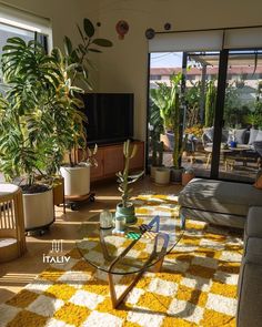 a living room filled with furniture and lots of plants on top of a glass table