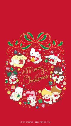 a red christmas card with cartoon animals and snowflakes in the center, on top of a red background