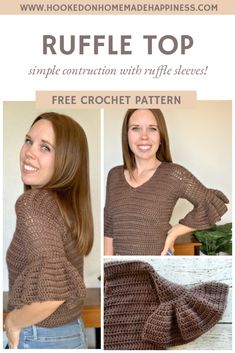 the crochet ruffle top is shown in three different pictures and has text that reads